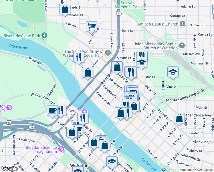 map of restaurants, bars, coffee shops, grocery stores, and more near 222 Lafayette Street in Waterloo