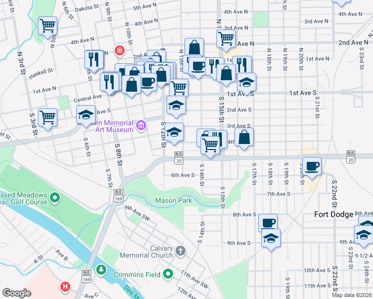 map of restaurants, bars, coffee shops, grocery stores, and more near 1313 5th Avenue South in Fort Dodge