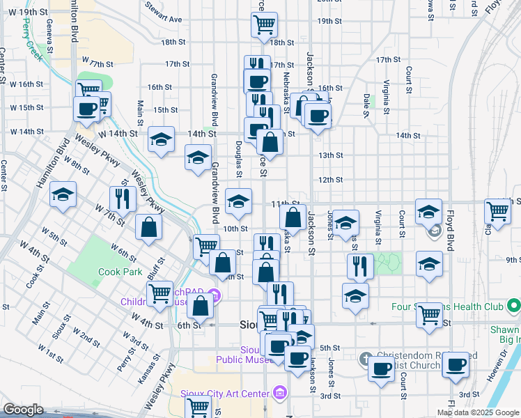 map of restaurants, bars, coffee shops, grocery stores, and more near 1007 Pierce Street in Sioux City