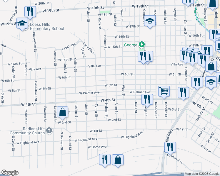map of restaurants, bars, coffee shops, grocery stores, and more near 1800-1898 W Palmer Ave in Sioux City