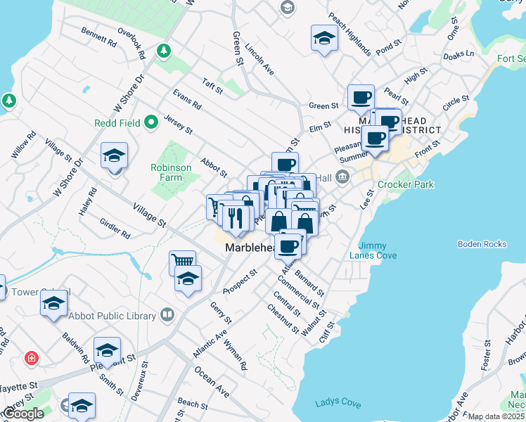 map of restaurants, bars, coffee shops, grocery stores, and more near 1 Pleasant Lane in Marblehead