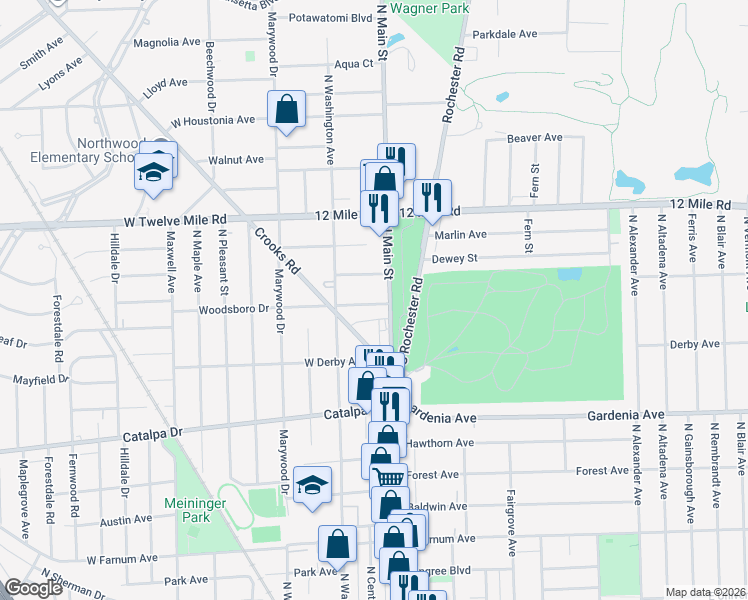 map of restaurants, bars, coffee shops, grocery stores, and more near 1317 North Main Street in Royal Oak