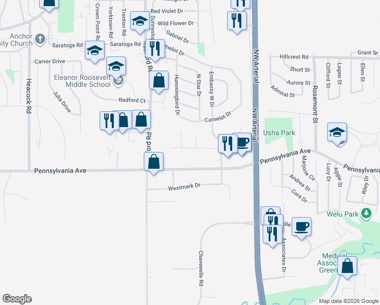map of restaurants, bars, coffee shops, grocery stores, and more near 4135 Pennsylvania Avenue in Dubuque