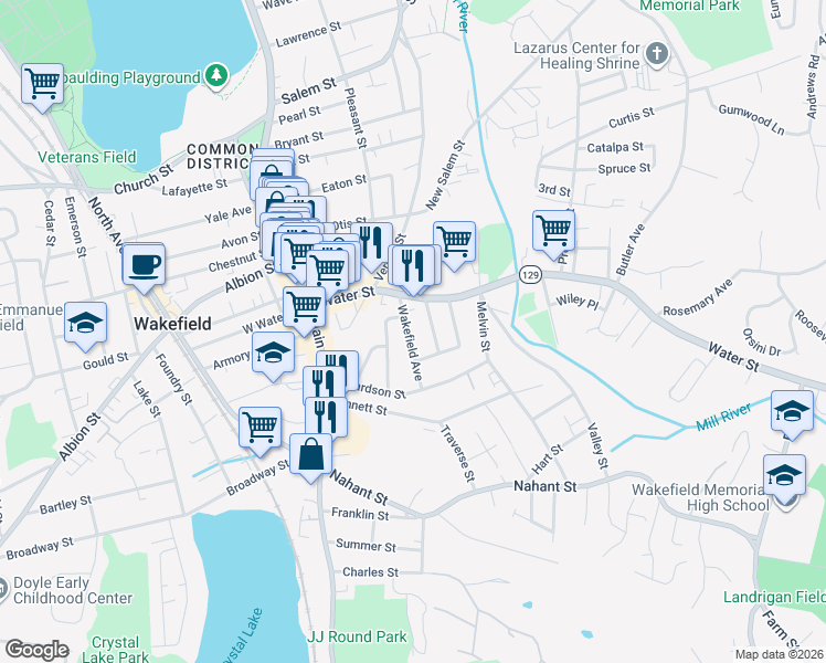 map of restaurants, bars, coffee shops, grocery stores, and more near 14 Wakefield Avenue in Wakefield