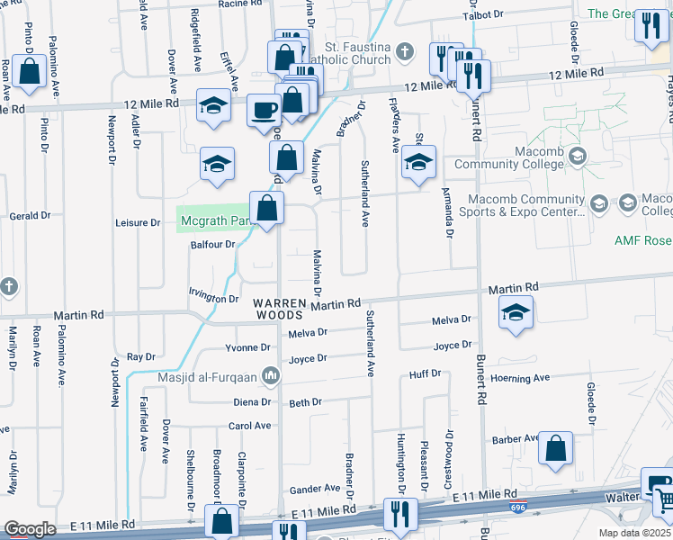 map of restaurants, bars, coffee shops, grocery stores, and more near 13800 Irvington Drive in Warren
