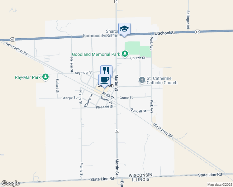 map of restaurants, bars, coffee shops, grocery stores, and more near Martin Street in Sharon