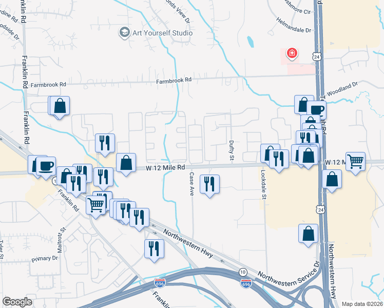 map of restaurants, bars, coffee shops, grocery stores, and more near 25450 West 12 Mile Road in Southfield