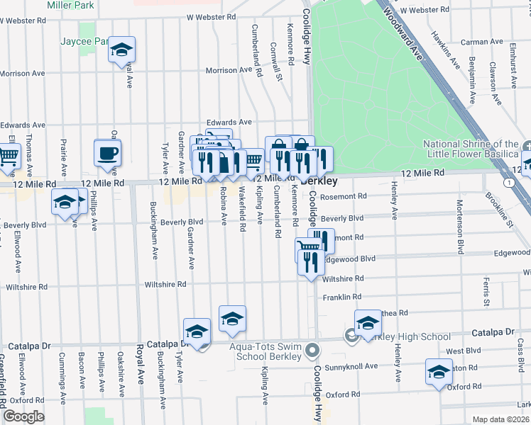 map of restaurants, bars, coffee shops, grocery stores, and more near 3169 Kipling Avenue in Berkley