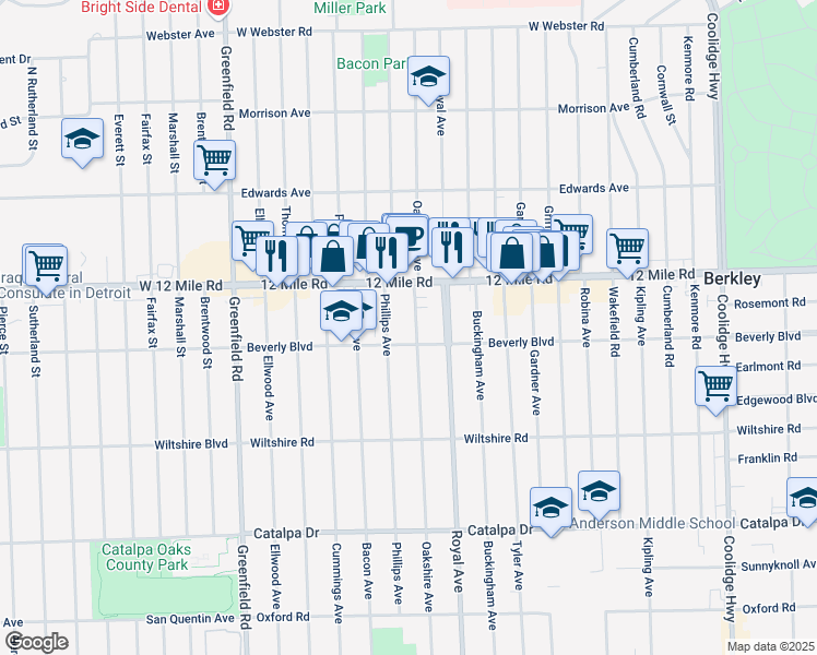 map of restaurants, bars, coffee shops, grocery stores, and more near 3247 Oakshire Avenue in Berkley