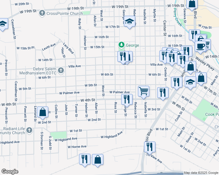map of restaurants, bars, coffee shops, grocery stores, and more near 1600-1698 W Palmer Ave in Sioux City