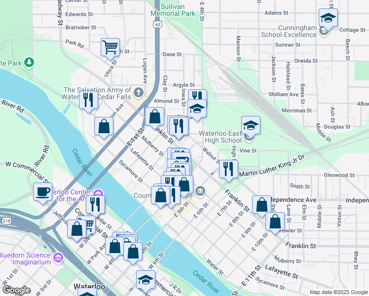 map of restaurants, bars, coffee shops, grocery stores, and more near 504 Franklin Street in Waterloo