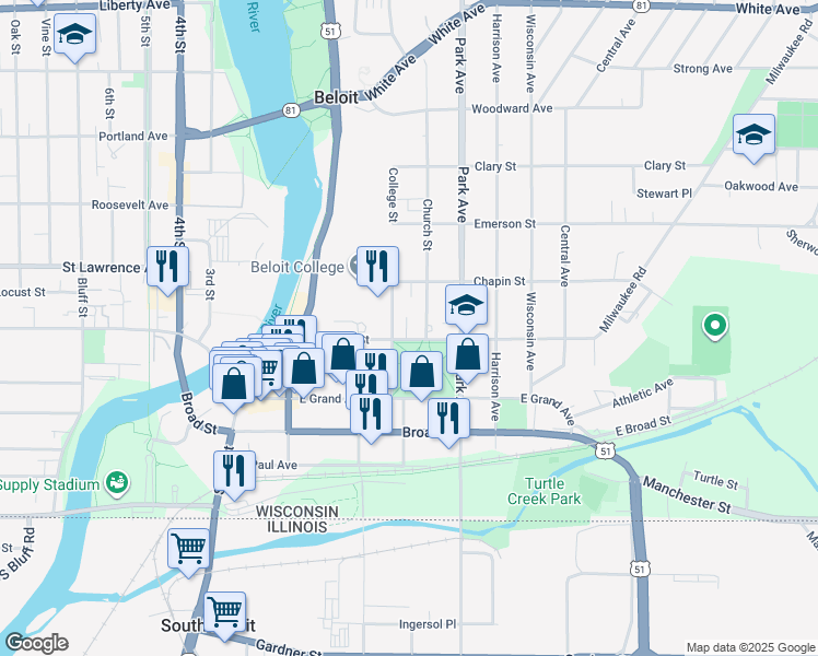map of restaurants, bars, coffee shops, grocery stores, and more near 617 Public Avenue in Beloit