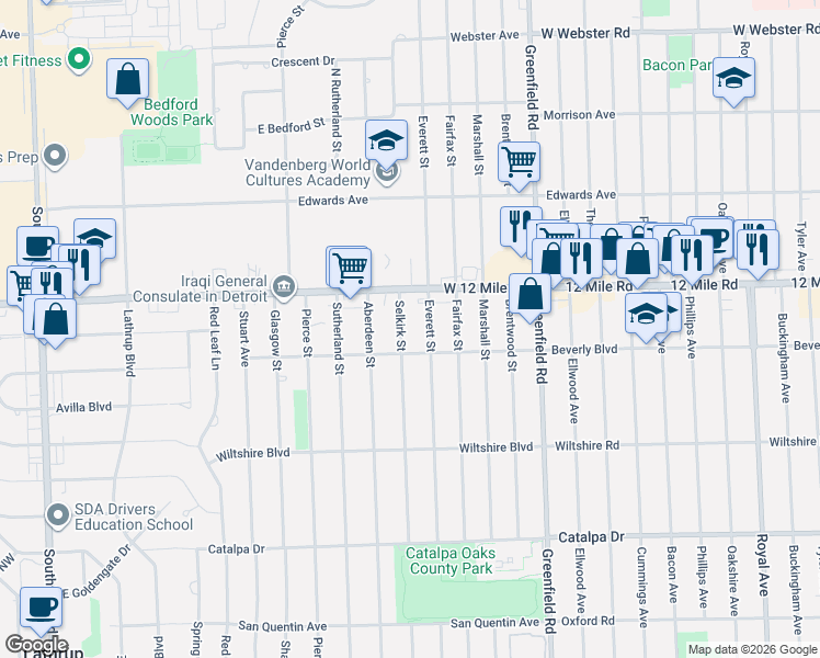 map of restaurants, bars, coffee shops, grocery stores, and more near 28704 Selkirk Street in Southfield