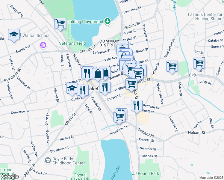 map of restaurants, bars, coffee shops, grocery stores, and more near 39 Armory Street in Wakefield