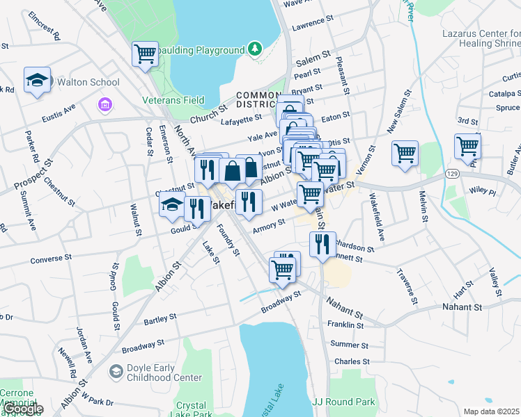 map of restaurants, bars, coffee shops, grocery stores, and more near 39 Armory Street in Wakefield