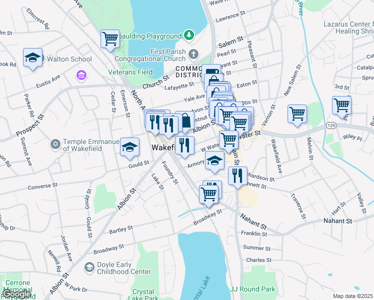 map of restaurants, bars, coffee shops, grocery stores, and more near 39 Armory Street in Wakefield