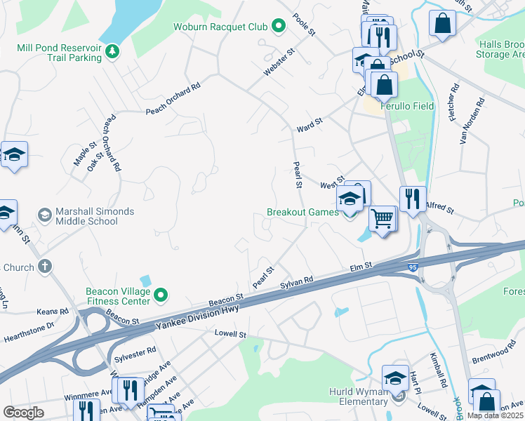 map of restaurants, bars, coffee shops, grocery stores, and more near 1 Kimball Court in Woburn