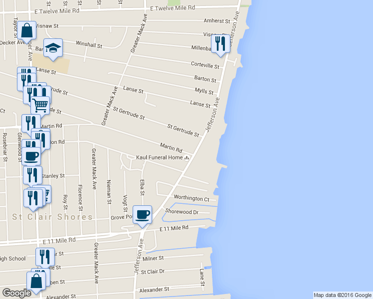 map of restaurants, bars, coffee shops, grocery stores, and more near 22631 Gordon Road in St. Clair Shores
