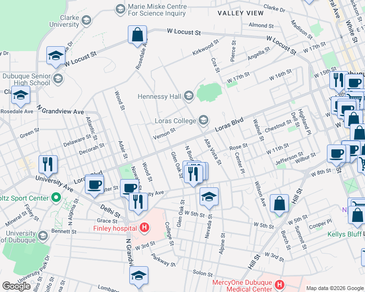 map of restaurants, bars, coffee shops, grocery stores, and more near 1225 N Booth St in Dubuque