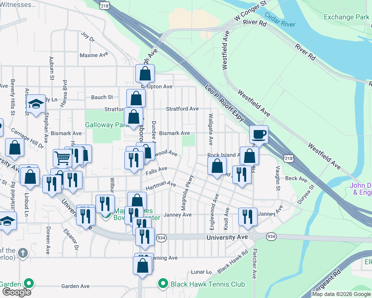 map of restaurants, bars, coffee shops, grocery stores, and more near 740 Magnolia Parkway in Waterloo