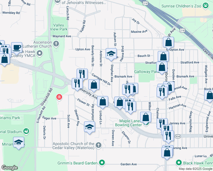 map of restaurants, bars, coffee shops, grocery stores, and more near 3140 University Avenue in Waterloo