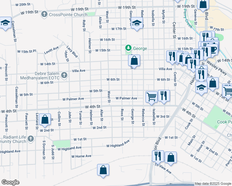 map of restaurants, bars, coffee shops, grocery stores, and more near 1600-1698 W Palmer Ave in Sioux City