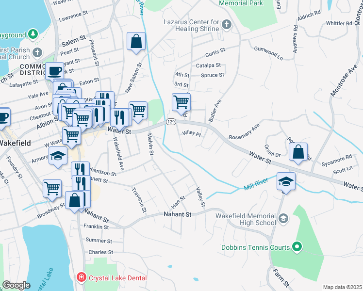 map of restaurants, bars, coffee shops, grocery stores, and more near 20 Del Carmine Street in Wakefield