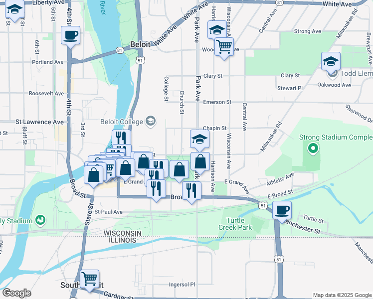 map of restaurants, bars, coffee shops, grocery stores, and more near 801 Bushnell Street in Beloit