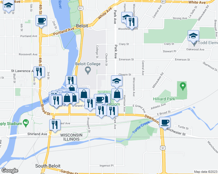 map of restaurants, bars, coffee shops, grocery stores, and more near 801 Bushnell Street in Beloit