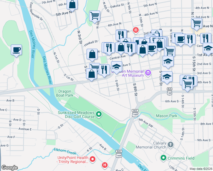 map of restaurants, bars, coffee shops, grocery stores, and more near 412 Commerce Street in Fort Dodge