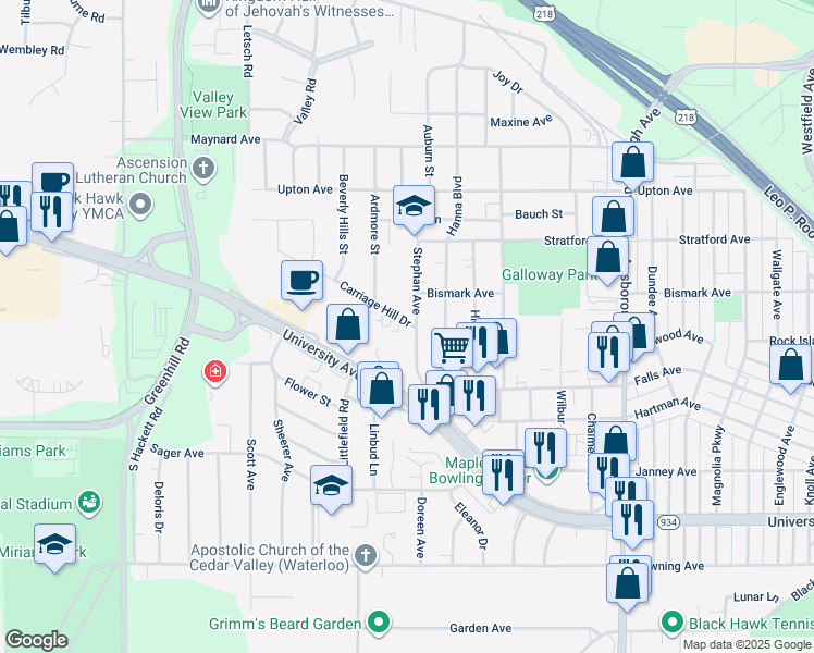 map of restaurants, bars, coffee shops, grocery stores, and more near 1621 Carriage Hill Drive in Waterloo