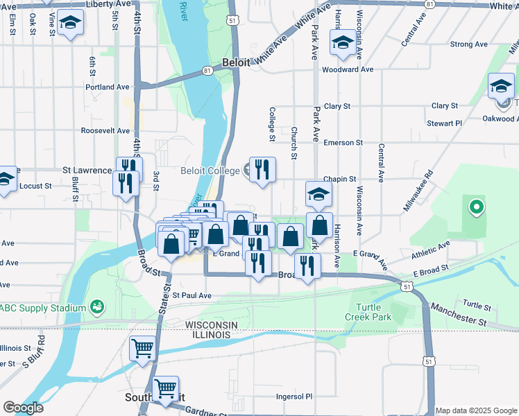 map of restaurants, bars, coffee shops, grocery stores, and more near 700 College Street in Beloit