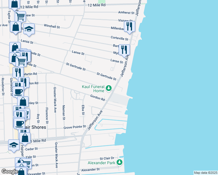 map of restaurants, bars, coffee shops, grocery stores, and more near 22715 Martin Road in Saint Clair Shores