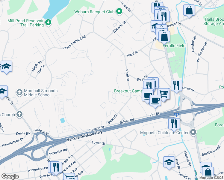 map of restaurants, bars, coffee shops, grocery stores, and more near 7 Kimball Court in Woburn