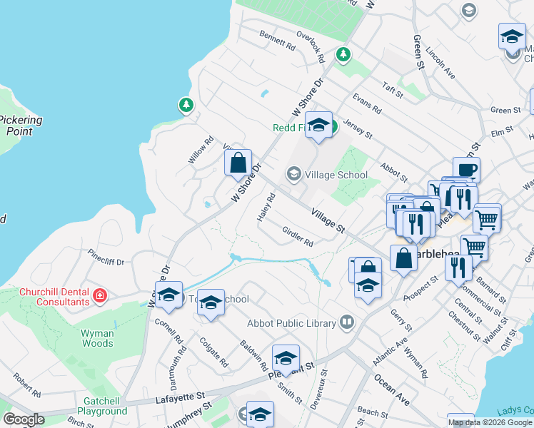 map of restaurants, bars, coffee shops, grocery stores, and more near 7 Girdler Road in Marblehead
