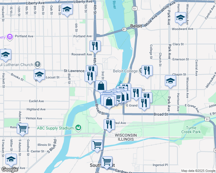 map of restaurants, bars, coffee shops, grocery stores, and more near 401 Public Avenue in Beloit