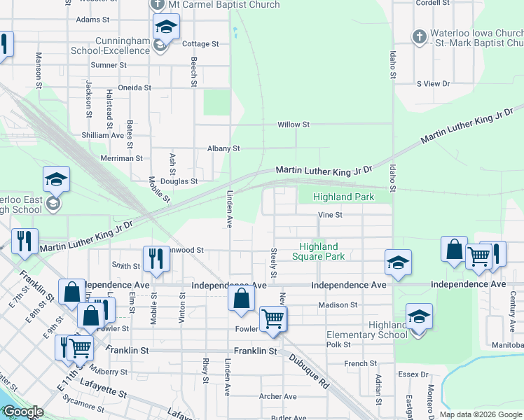 map of restaurants, bars, coffee shops, grocery stores, and more near Vine Street in Waterloo