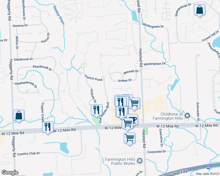 map of restaurants, bars, coffee shops, grocery stores, and more near 37690 Burton Drive in Farmington Hills