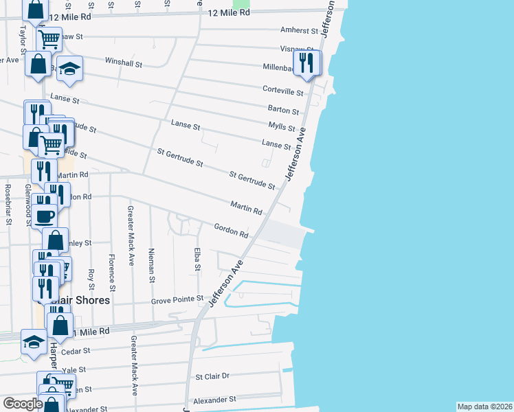 map of restaurants, bars, coffee shops, grocery stores, and more near 22631 Gordon Road in St. Clair Shores