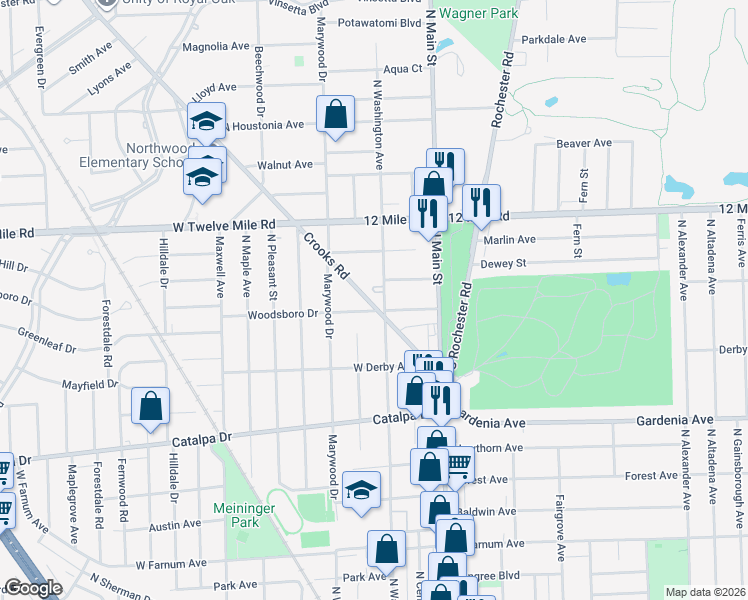 map of restaurants, bars, coffee shops, grocery stores, and more near 315 Woodsboro Drive in Royal Oak
