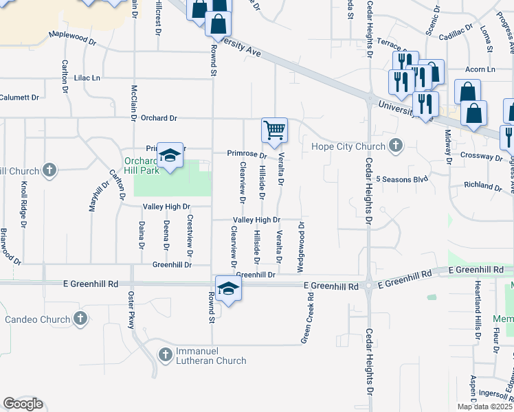 map of restaurants, bars, coffee shops, grocery stores, and more near 4013 Hillside Drive in Cedar Falls
