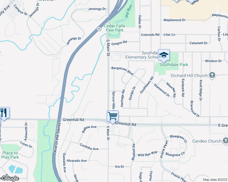 map of restaurants, bars, coffee shops, grocery stores, and more near Spruce Hills Drive in Cedar Falls