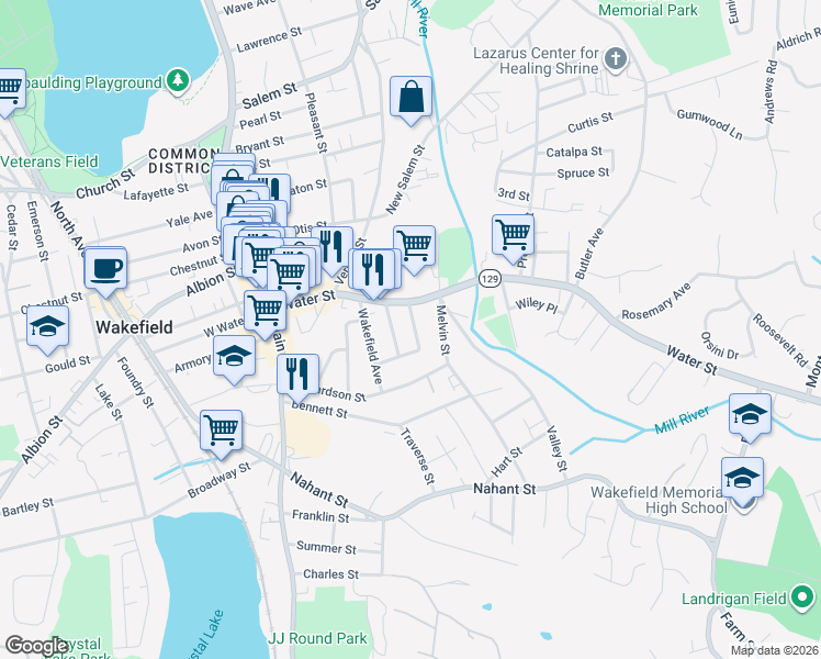 map of restaurants, bars, coffee shops, grocery stores, and more near 149 Water Street in Wakefield