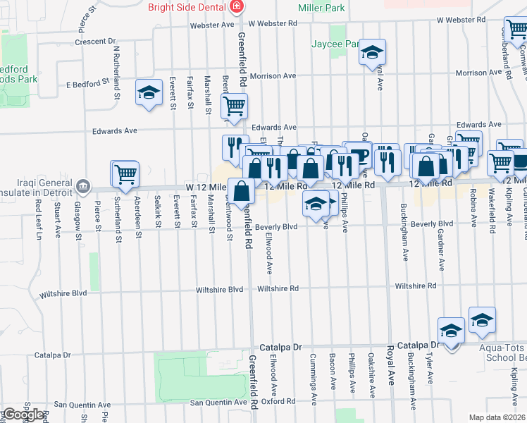 map of restaurants, bars, coffee shops, grocery stores, and more near 3269 Ellwood Avenue in Berkley