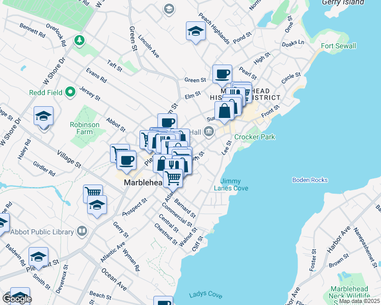 map of restaurants, bars, coffee shops, grocery stores, and more near 5 Nicholson Street in Marblehead