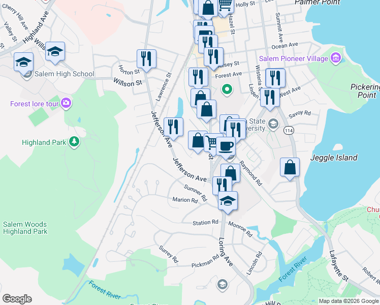 map of restaurants, bars, coffee shops, grocery stores, and more near 5 Kimball Road in Salem