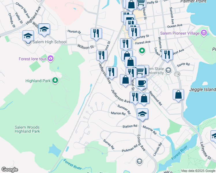 map of restaurants, bars, coffee shops, grocery stores, and more near 317 Jefferson Avenue in Salem