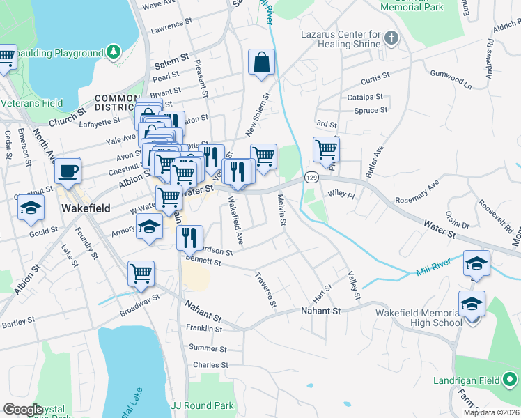 map of restaurants, bars, coffee shops, grocery stores, and more near 149 Water Street in Wakefield