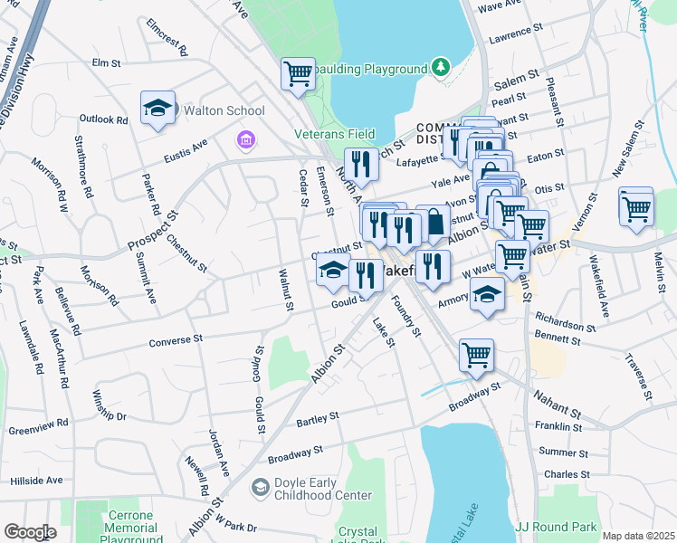 map of restaurants, bars, coffee shops, grocery stores, and more near 46 Chestnut Street in Wakefield