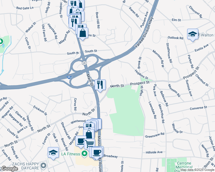 map of restaurants, bars, coffee shops, grocery stores, and more near 1 Pope Street in Wakefield